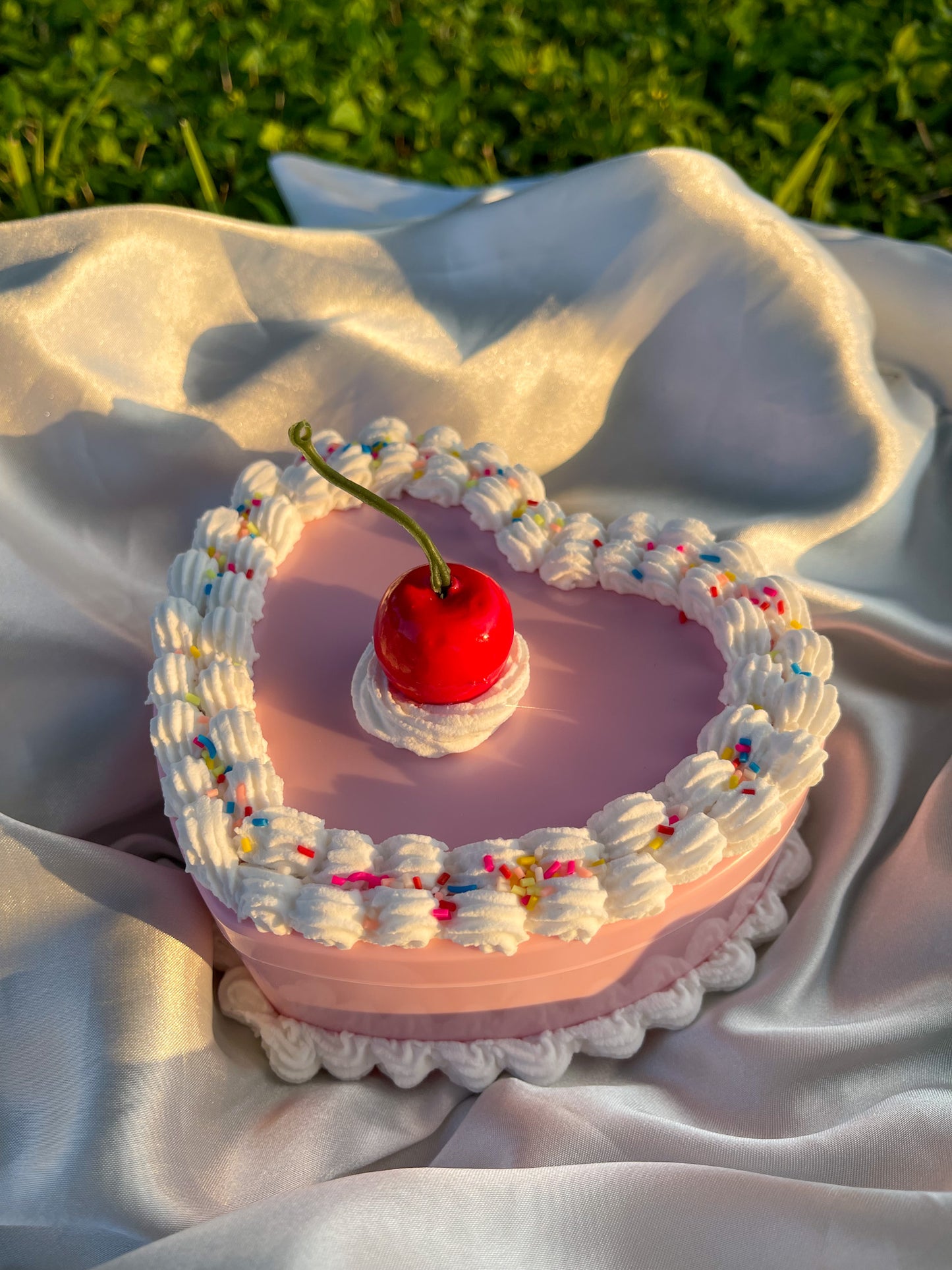 Heart Shaped Cherry Fake Cake Mirror Jewelry Box and Sprinkles / Unique Storage Stashbox for Ring and Necklace Storage