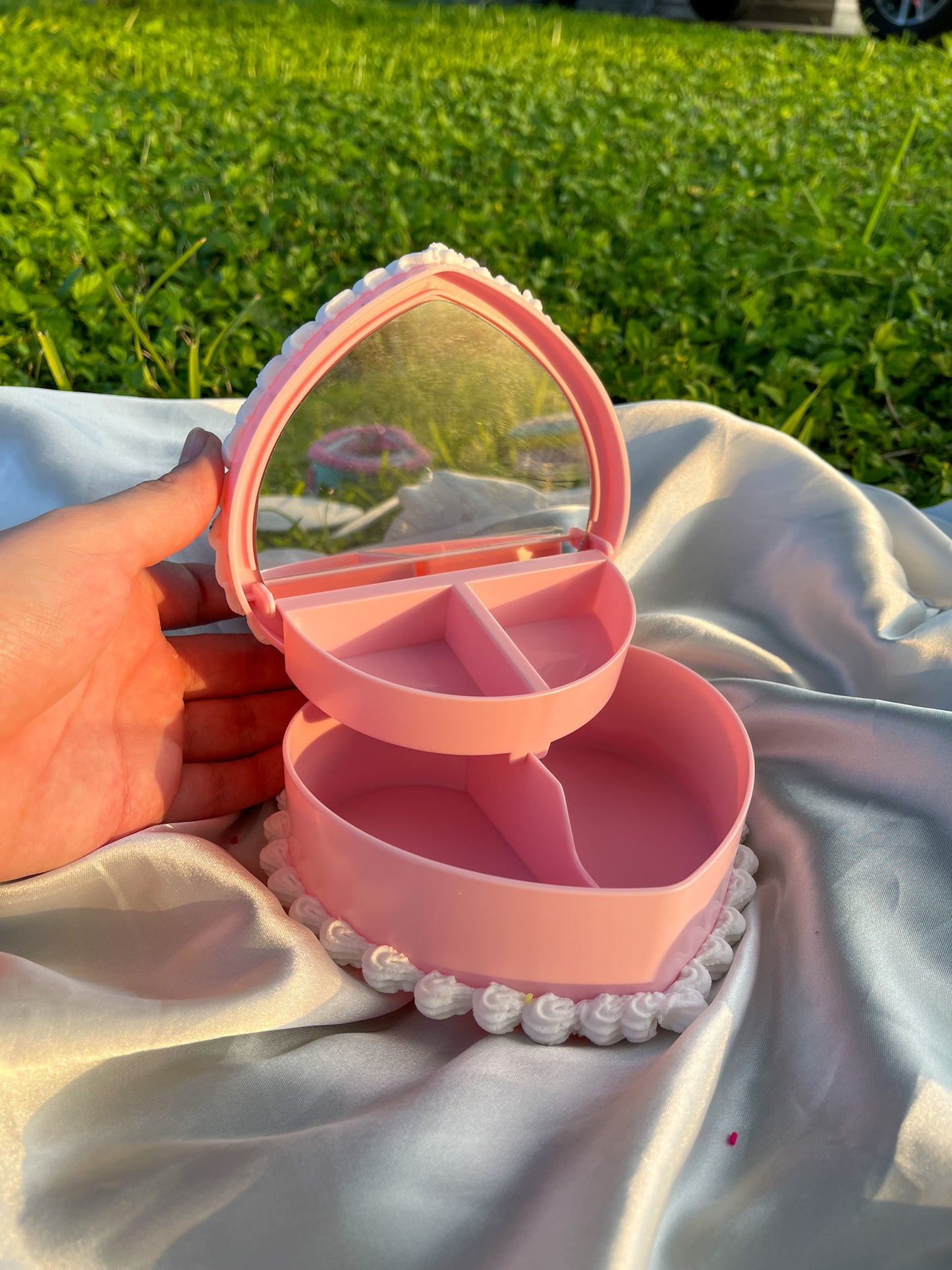 Heart Shaped Cherry Fake Cake Mirror Jewelry Box and Sprinkles / Unique Storage Stashbox for Ring and Necklace Storage