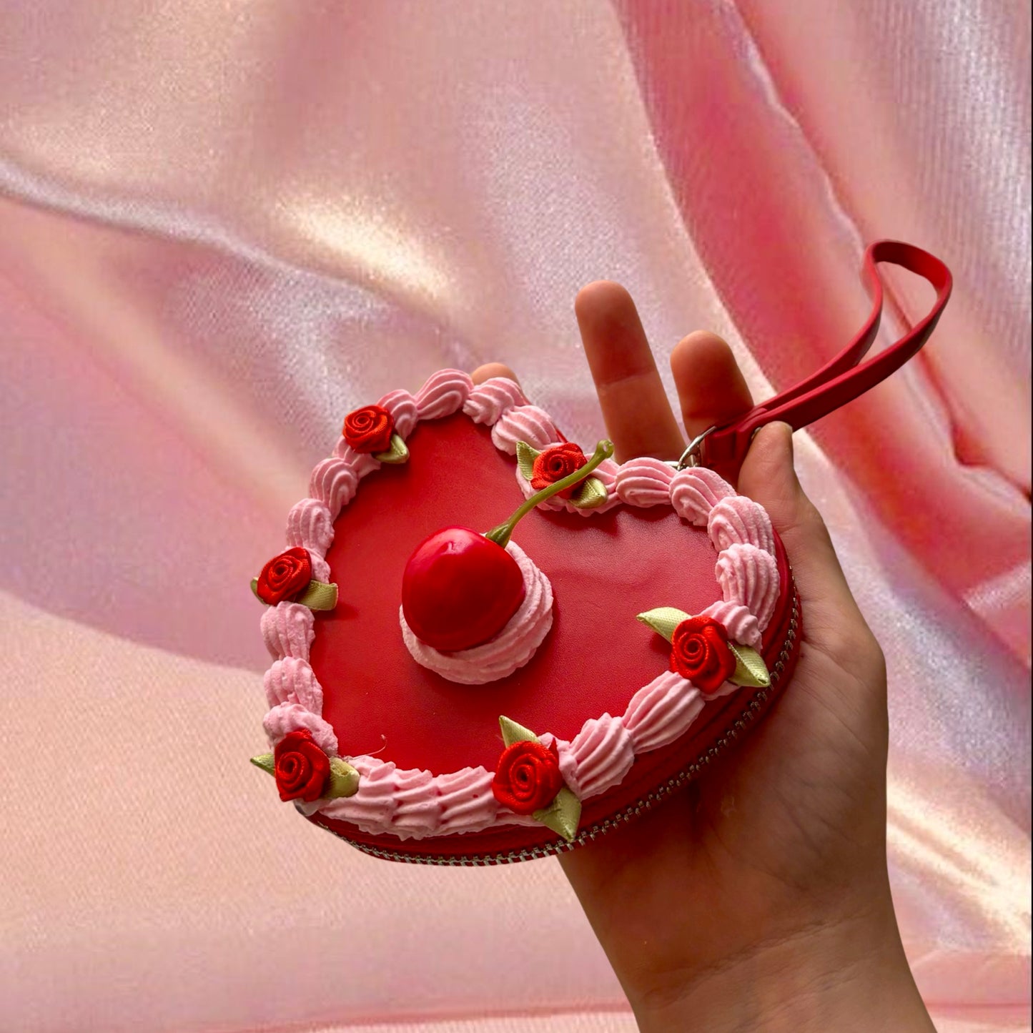 Fake Cake Cherry Rose Mini Wallet Purse / Small Unique Red Heart-Shaped Purse / Cottagecore Aesthetic Gift