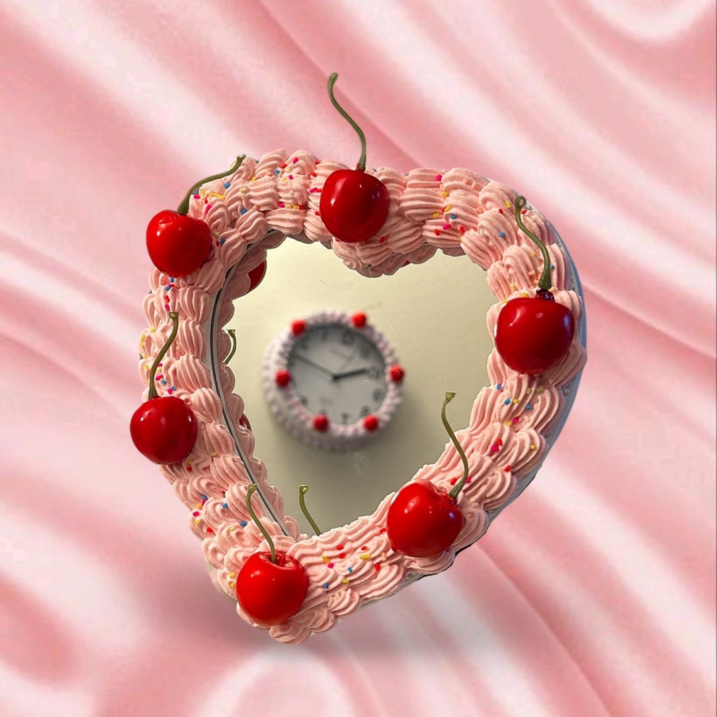 Cherry Sprinkle Fake Cake Desktop Mirror / Heart Shaped Maximalist Mirror Room Decor / Hangable Statement Art